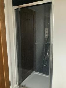 a glass door with a shower in a room at 4 Stills Apartment in Rothes