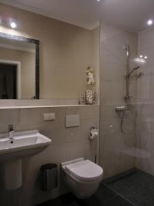 ein Bad mit einem WC, einem Waschbecken und einer Dusche in der Unterkunft Ferienwohnung LP8 "Deck Zwei" in Graal-Müritz