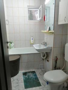 a bathroom with a sink and a tub and a toilet at Apartment Valea Azugii in Azuga