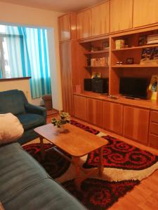 a living room with a blue couch and a coffee table at Apartment Valea Azugii in Azuga