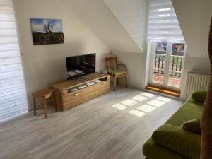 ein Wohnzimmer mit einem TV und einem Sofa in der Unterkunft Hotel Garni und Gaststätte Zum Holzfäller in Schierke