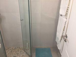 a shower with a glass door and a blue rug at Ferienwohnung Jagdhof Spitzingsee in Schliersee