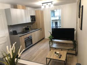 een woonkamer met een televisie en een keuken bij L'Aristide in Aix-en-Provence