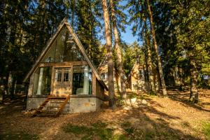 eine kleine Hütte im Wald mit Bäumen in der Unterkunft Hotel Kouty in Ledeč nad Sázavou