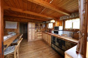 a large kitchen with wooden floors and wooden ceilings at Baita Medil in Predazzo