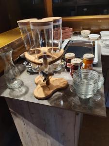 a kitchen counter with a blender and other items on it at Pension Stettiner Hof in Eggesin