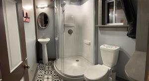 a small bathroom with a toilet and a shower at Grunberg Haus Inn & Cabins in Waterbury