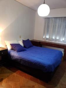 a bedroom with a bed with blue sheets and a window at La MARGARITA in San Rafael