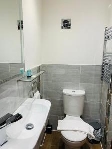 uma casa de banho com um WC branco e um lavatório. em The Compasses Inn em Fordingbridge