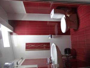 キテンにあるGuest House Rosaの赤と白の壁のバスルーム(トイレ付)