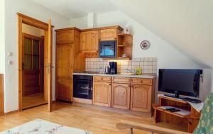 a kitchen with wooden cabinets and a tv in it at Stangl - Hof in Bad Aussee