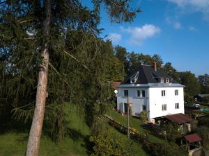 una casa blanca en una colina con un árbol en Ferienwohnung Erzgebirgswohnung Götze en Glashütte