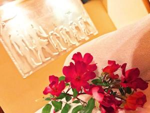 a vase filled with red flowers on a table at John’s Home on Wine Route in Ciudad Lujan de Cuyo