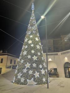 un grande albero di Natale di fronte a un edificio di IL GECO DI MONTAGNA a Castel di Sangro