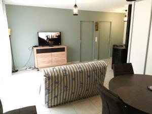 a living room with a television and a table at Les Jacinthes in Saint-Jean-de-Monts