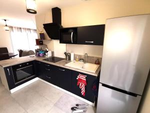 a small kitchen with a sink and a refrigerator at Les Jacinthes in Saint-Jean-de-Monts