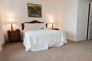 a bedroom with a large white bed with two lamps at Birch Tree in Bar Harbor