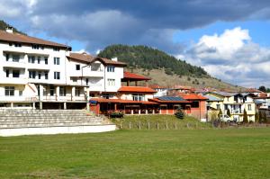 eine Gruppe von Gebäuden in einer Stadt mit einem Grasfeld in der Unterkunft Family Hotel Daisy in Borino