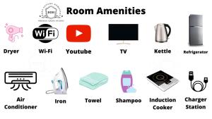 a vector illustration of icons of room amenities at Rasa Sayang Homestay at Bukit Jalil Pavilion in Kuala Lumpur