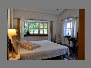 ein Schlafzimmer mit einem Bett und einem Schreibtisch und zwei Fenstern in der Unterkunft Ferienwohnungen Schlosseinkehr in Aschau im Chiemgau