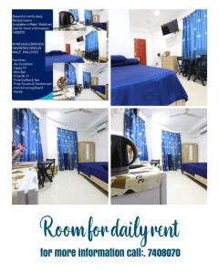 a collage of photos with a room for daily rent for more information call at Resting View in Male City