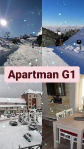 a collage of four pictures of a town in the snow at Apartman G1 u Milmari kompleksu - Kopaonik in Kopaonik