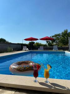 uma piscina com duas bebidas ao lado em Private Villa Miletić em Donje Ogorje