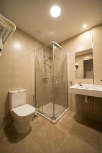 uma casa de banho com um chuveiro, um WC e um lavatório. em Hostal Martínez em Villafranca