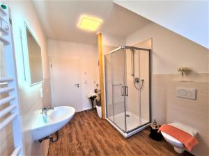 a bathroom with a shower and a sink at Ferienwohnungen Burgfried in Wernigerode +16 photos