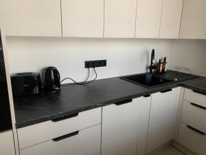 パルヌにあるTammsaare Luxury Apartmentの白いキャビネットと黒いカウンタートップを備えたキッチン