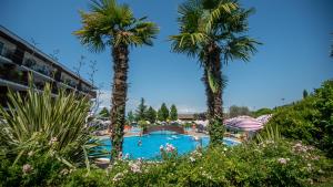 a swimming pool with two palm trees in a resort at Hotel Bella Italia in Peschiera del Garda