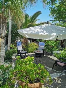 - une terrasse avec 2 chaises, une table et un parasol dans l'établissement Aquilone Residence, à Stromboli