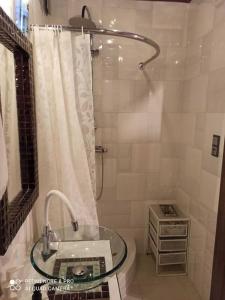 a bathroom with a shower and a glass sink at Gościnne Gniazdo in Będzin