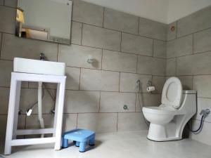 a bathroom with a white toilet and a sink at LA-TSAS GUEST HOUSE in Hundar