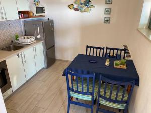 a kitchen with a blue table with chairs and a refrigerator at Apartments Vila Vino in Sveta Nedelja