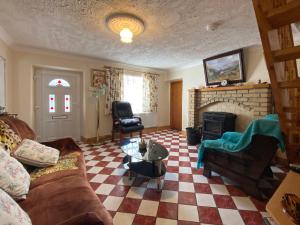 ein Wohnzimmer mit einem Sofa und einem Kamin in der Unterkunft Cottage 397 - Carna in Carna