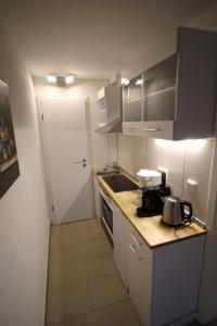La cuisine est équipée d'un comptoir avec évier et d'un réfrigérateur. dans l'établissement Gonsbach - Mikro-Apartment-26qm, à Mayence