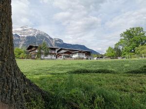 a house in a field with a mountain in the background at Lamplhof in Wiesing