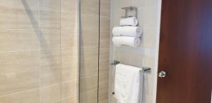 a bathroom with a shower with towels and a toilet at Lockinbar Holiday Apartments in Tenby +48 photos