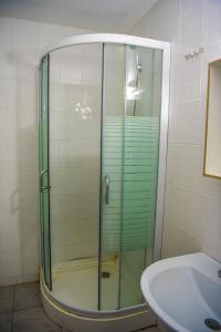 a glass shower in a bathroom with a sink at Pensiunea Silva Home in Luncaviţa
