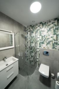 a bathroom with a shower and a toilet and a sink at Pensjonat Dominikański in Krasnobród