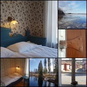 a collage of pictures with a bed and a window at Lövånger Kyrkstad in Lövånger