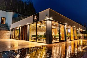 帕莱Hotel Forest的晚上有很多窗户的建筑