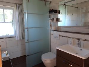 bagno con servizi igienici, lavandino e specchio di Ferienhaus Heuberger a Tännesberg