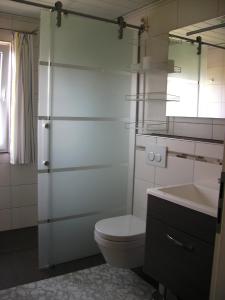 La salle de bains blanche est pourvue de toilettes et d'un lavabo. dans l'établissement Ferienhaus Heuberger, à Tännesberg
