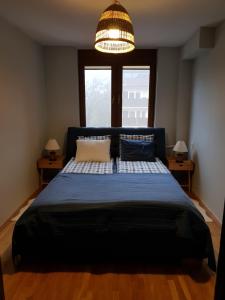 um quarto com uma cama e um lustre em Przystan Zegrze em Zegrze