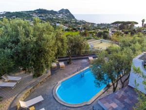 an overhead view of a swimming pool with trees and the ocean at Villa Pietra Verde in Ischia