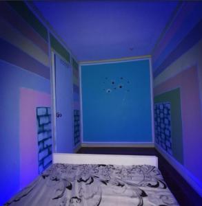 una camera con un letto e un soffitto blu e viola di Cabanatuan City PNY TRANSIENT INN 3 a Cabanatuan