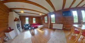 uma sala de estar com um sofá vermelho e uma lareira em Valea Vistisoarei em Vistisoara