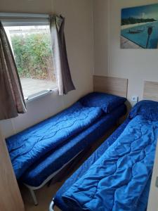 two beds in a room with a window at RBR 244 - Beach Resort Kamperland in Kamperland